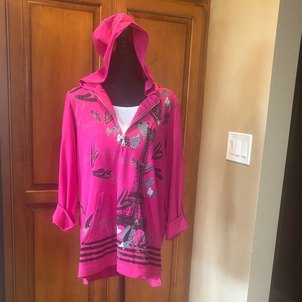 Style & Co. Hot Pink Hooded Zip Sweatshirt with Eiffel Tower Print